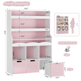 HITHOS 55.3"H Kids Bookshelf with Toy Storage Organizer, Tall Book Shelf with 3 Mobile Toy Storage Bins, Large Kids Bookcase with Toy Chest, 39.2"W Modern Toy Box for Kids Room, Playroom, Pink, White