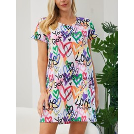 PNAEONG Women's Nightgowns Short Sleeves Cotton Sleepwear Print Sleep Shirt XTSY108-Pink Love-L