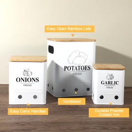 Lemecima Potato Onion Garlic Storage Set of 3 Ventilated Iron Canisters with Bamboo Lids - Potato and Onion Bin for Pantry， Kitchen Vegetable Containers Cute Metal Vegetable Bin Set of 3