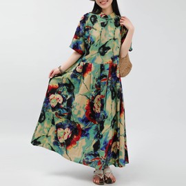 FioraMosaic Women's Cotton Dress Bohemian Printed Long Skirt with Pockets & Adjustable Waistband (US, Alpha, One Size, Regular, Regular, Blue Short Sleeved)