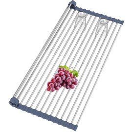 BBXTYLY Extra Large Expandable Roll Up Dish Drying Rack,Over The Sink Drying Rack Sink Cover Kitchen Sink Accessories Kitchen Rolling up Stainless Steel Drainer, Foldable,Rollable（Gray，25.1''-12.4''）