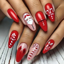 CHAONENG Christmas Almond Fake Nails With Candy Designs Santa Claus Red Christmas Nails - Press On, 24pcs