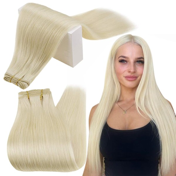 RUNATURE Weft Extensions Real Hair Blonde 45 cm / 18 Inches Straight Hair Extensions Wefts Real Hair Plain Blonde 100 g One Piece Remy Hair Wefts Real Hair for Sewing Platinum Blonde #60
