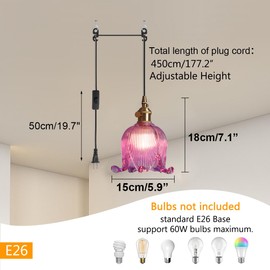 Qufute Hanging Swag Plug in Pendant Light Flower Shaped Purple Glass Plug Pendant Lamp with 15 ft Switch Cord Plug in Vintage Industrial Pendant Light for Kitchen Bedroom Background
