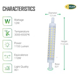CLAR - R7S LED 118 mm, R7S LED 118 mm, R7S LED, LED stick, LED torch R7S, R7S 118 mm, R7S 118 mm LED, LED rod light, LED replacement for halogen rod, torch LED, 12 W 4000ºK (Pack of 5)