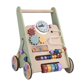 Wooden Baby Walker with Wheels, Push Walker for Baby Boy 6-12 Months, Baby Activity Center Sit to Stand Walker Small Size