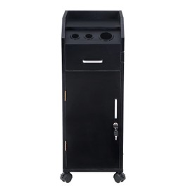 LJLB Mobile Hair Salon Storage Cart with Wheels, 3 Hair Dryer Holders, 4 Drawers, Lockable Trolley, Black