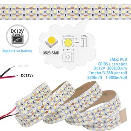 DC12V High CRI 95 White LED Strip Lights - Triple Row Daylight White 6000K 360LEDs 3528SMD Flexible LED Tape Lights For Photography, Trunk lighting(12V 6000K 1m/3.28', Non-waterproof IP20)