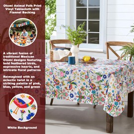 Newbridge Easter Animal Folk Print Vinyl Tablecloth with Flannel Backing, 52 x 52 Inch Square, Mexican Otomi Birds, Hearts, Floral Design, Wipe Clean Tablecloth for Parties Picnics and Barbecues
