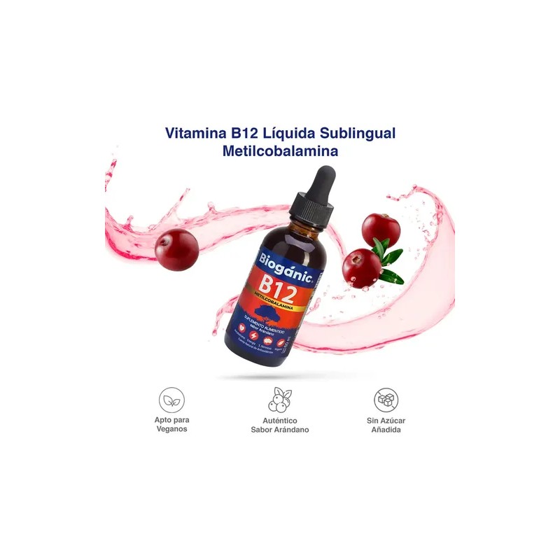 Bioganic Vitamina B12 Metilcobalamina Liquida Sublingual Rápida Absorción Vegano Azúcar