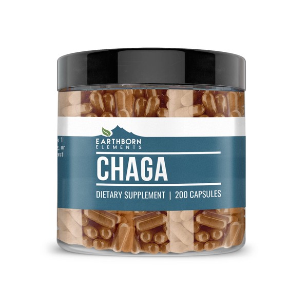 Earthborn Elements Chaga Mushroom Extract 200 Capsules, Pure & Undiluted,