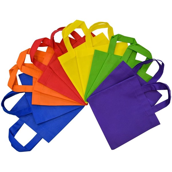 Reusable Gift Bags with Handles, Eco Friendly Flat Tote Bags, Party Favor Bags For Kids Birthday Parties, Multi Color, Bright Neon Colors 12 Pcs. 8x8” (No Gusset)