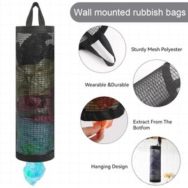 ZKSXOA 2 Pcs Plastic Bag Holder, with 2 Pcs Hooks, Hanging Garbage Bag Holder, Breathable Mesh Grocery Bag Holder, Foldable Net Hanging Storage Bags, for Home Kitchen Garbage Bag Shopping Bag