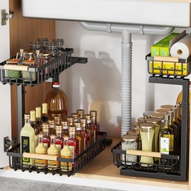 FAMIDGE Under Sink Organizer 2 Pack, 2 Tier Slide Out Under Sink Organizers and Storage, Height Adjustable Pull Out Cabinet Organizers Drawers, Kitchen Bathroom Metal Sink Storage Shelves, Black