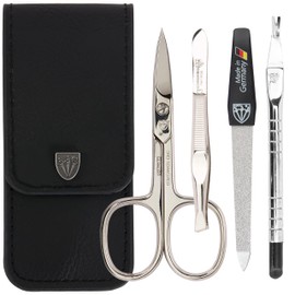 DREI SCHWERTER - 4-Piece Nail Care Set 'Modena' | Manicure and Pedicure Set in Genuine Leather Case Made in Germany Colour: Black | Contents: Nail Scissors, Tweezers, Sapphire Nail File and Cuticle