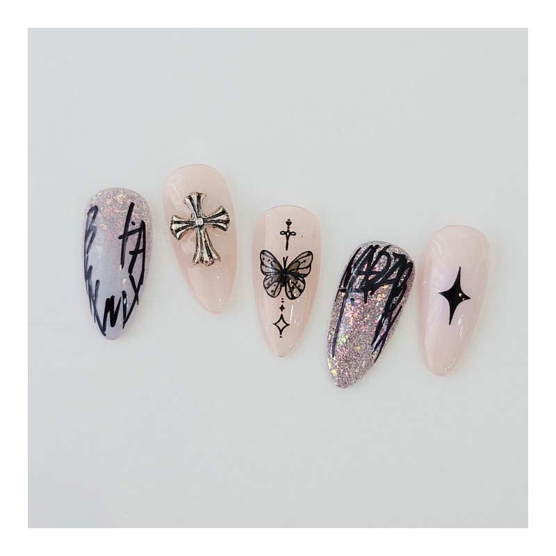 Drawing Cross Handmade Nail Tips Unique Design - Coffin Long