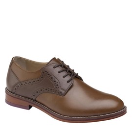 Johnston & Murphy Big Kid Conard Saddle Boys Lace-Up Dress Shoe, Tan/Dark Brown FG Leather, 4