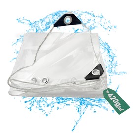 Waterproof Transparent PVC Tarpaulin with Eyelets 420 g/m² Weatherproof Winterproof Transparent Tarpaulin Tear-Resistant Curtain Balcony Rain Cover for Garden Furniture Greenhouse Gazebo Side Panels