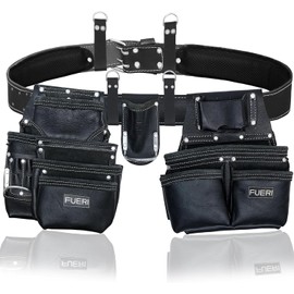 FUERI Leather Tool Belt Heavy Duty Bags Pouches for Men Construction Carpenter Electrician Framer Work - Black