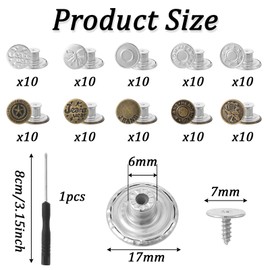 101 Sets Jeans Button Replacement, 17 mm and 20 mm No-Sew Removable Metal Buttons Replacement Repair Combo Thread Rivets and Screwdrivers, Women and Men's Jeans Clothing Supplies