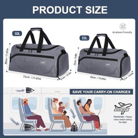 FIORETTO 50L Mens Sports Gym Bag with Wet Pocket & Shoe Compartment,Travel Duffle Bag Overnight Bag with Padded Shoulder Strap, Water-Resistant Sports Holdall for Swimming, Basketball Grey