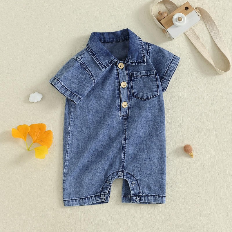 Baby Girl Boy Denim Romper Lapel Collar Button Jumpsuit Shorts