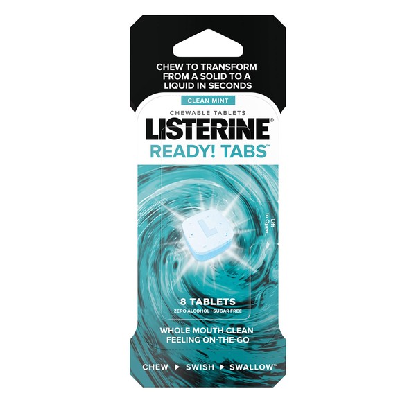 Listerine Ready! Tabs Chewable Mint Tablets with Clean Mint Flavor, Revolutionary 4-Hour Fresh Breath Tablets to Help Fight Bad Breath On-the-Go, Sugar-Free, Alcohol-Free & Kosher, 8 ct