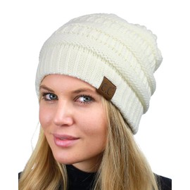 C.C Unisex Chunky Soft Stretch Cable Knit Warm Fuzzy Lined Skully Beanie, Ivory