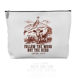 Forest Charger Cow & Mountain Makeup Bag - Christian Cowgirl Cosmetic Pouch, 'Follow The Word' Bible Verse Design, Faith-Based Rodeo Gift
