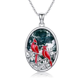 PROESS Mother Daughter Red Cardinal Necklace 925 Sterling Silver Moss Agate Cardinal Pendant Necklace Cute Bird Jewelry for Women Mother Daughter