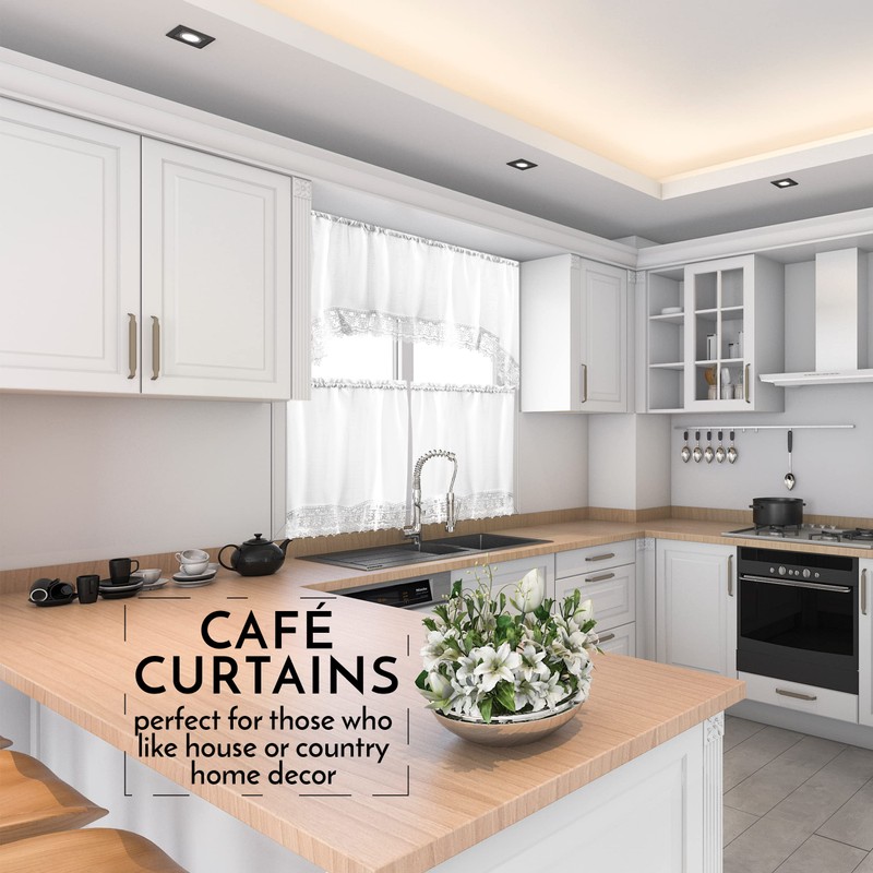 Café Curtains for Kitchen, Bathroom Curtains with Valance, Embroidered Lace