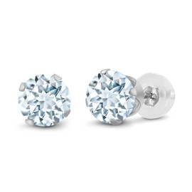 Gem Stone King - arete de tuerca de oro blanco de 14 quilates, azul cielo, aguamarina, para mujeres y hombres (0.44 quilates, piedra natal de marzo, redondo de 4 mm), Oro blanco, piedra preciosa,