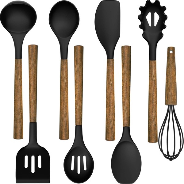 Silicone Cooking Utensil Set, Umite Chef 8-Piece Kitchen Set with Natural Acacia Wooden Handles,Food-Grade Silicone Heads-Silicone Kitchen Gadgets Spatulas Set for Nonstick Cookware- Black