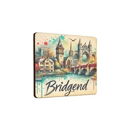 Wooden Fridge Magnet - Bridgend Scenic Artwork with River, Bridge, and Historic Buildings (mag-kf25-2257)