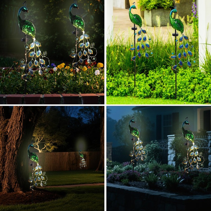 CBAXEAXM Solar Peacock Garden Stake Lights Outdoor, Waterproof Metal Glass