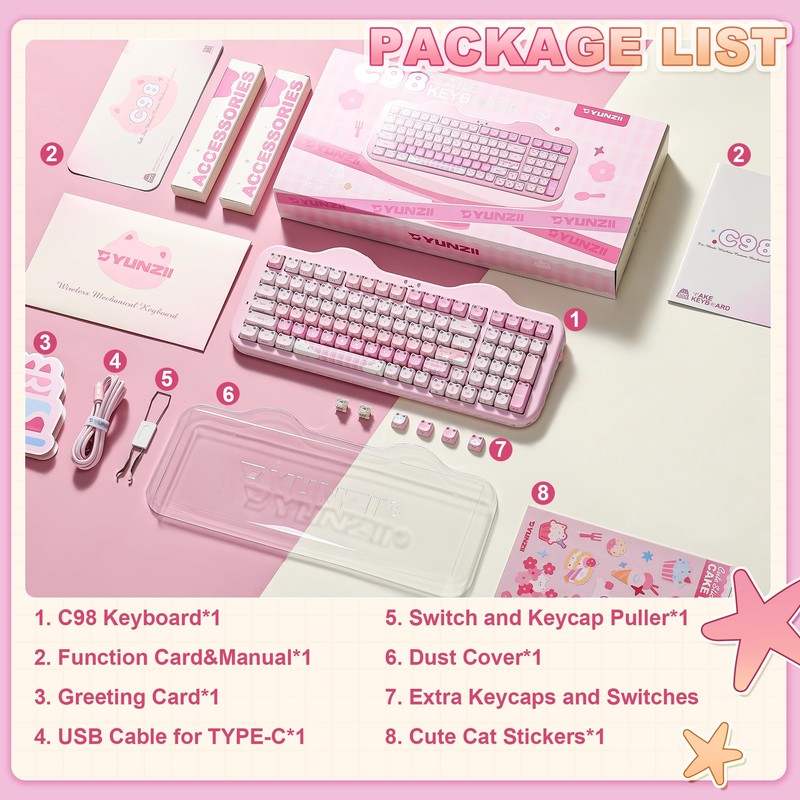 YUNZII C98 Cute Wireless Mechanical Keyboard(Pink Mao, Candy Switch)