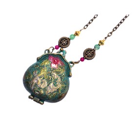 Long Art Nouveau Gold Vintage Style Turquoise Hinged Pocketbook Handbag Locket Pendant Necklace with Hand Painted Flowers Victorian Boho Romantic Jewelry for Women