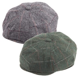 2 Pack Men Wool Blend 8 Panel Newsboy Cap Cabbie Hat (Plaid, Grey+Green, L/XL)