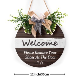 Welcome Please Remove Your Shoes Sign Wreath for Front Door, Take Your Shoes At The Door Sign 12"x12" for Front Door Funny Welcome Round Wood Hanging with Buffalo Plaid Bow for Home Porch Yard
