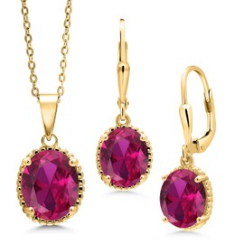 Gem Stone King 5-9 Cttw Oval Pendant and Earrings Jewelry Set For Women | 11X9MM and 9X7MM Gemstone Birthstone | 18K Yellow Gold Plated Silver | 18 Inch Silver Chain | Created Ruby-July