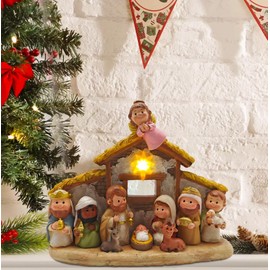 Christmas Nativity Set with Baby Jesus in Manger, Little People Nativity Set with LED Lights, Nativity Sets for Christmas Indoor, Hand Painted Mini Decorative Religious Gift Figurines