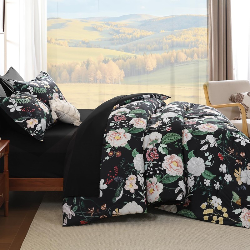Anibedding 7Pieces Floral Queen Size Comforter Set, Garden Plant Flower