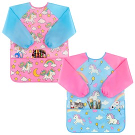 Oiomniv Kids Painting Smock for Ages 3-8 – Waterproof Art Apron with Long Sleeves & 3 Pockets, Toddler Craft Smock for Painting Baking DIY, Washable Preschool Art Supplies Gift for Boys Girls