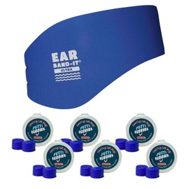 Ear band-it - Diadema de natación con tapones para los oídos, 6 pares de tapones de silicona suave para los oídos, Azul, Large (ages 10-adult)