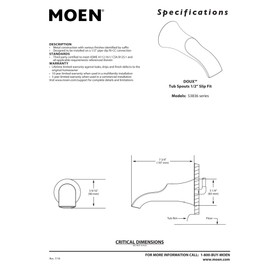 Moen S3836BN Doux 1/2-Inch Slip Fit Connection Non-Diverting Tub Spout, Brushed Nickel