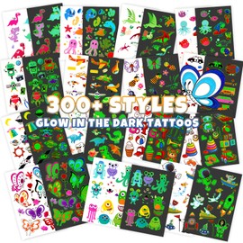 Yocieco Temporary Tattoo for Kids, 300+ Pcs Glow in the Dark Tattoos Kids Stickers, Luminous Party Supplies with Car/Dinosaur/Space/Butterfly Favors for Boys Girls