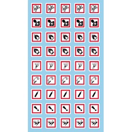 GHS Batch Pictogram, OSHA Compliant, White Base Vinyl, Laminated, Safety Labels, 1"x1" Sides,45 per, Corrosion,Flame,Oxidize,Corrosive,Compressed Gas,Health Hazard,Irritant,Skull and Crossbones