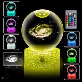 Fanrui 3D Galaxy Crystal Ball with Colorful Led Base, 16 Colors & Remote & Dimmer, 80mm Clear Glass Balls Space Astronomy Holiday Xmas Gifts for Her Him Birthday Women Mom Dad Funny Night Light