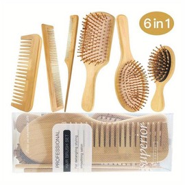 Bamboo hair brush comb set for men women kids, Bamboo hairbrushes for Thick Thin Curly and Dry Hair, Natural wooden hairbrush for Massaging Scalp (6 Pcs)