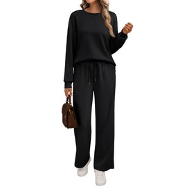 LILLUSORY Women's Sweatsuits 2 Piece Outfits Lounge Matching Sets Travel Airport Tracksuits Wide Leg Sweatpants Fall Clothes Black L